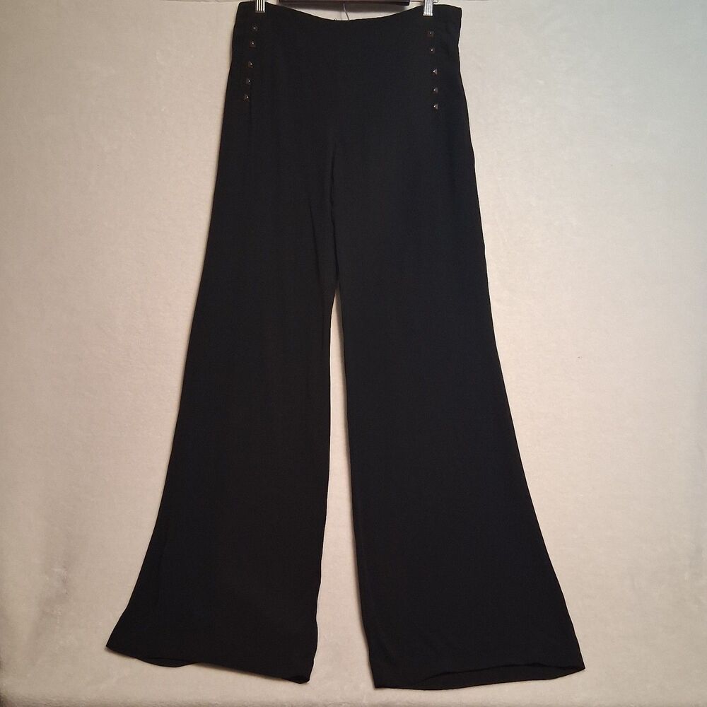 Zara M Pants High Rise Wide Leg Black Brass Studs Crepe Edgy Goth Steampunk